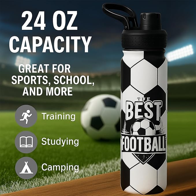 Soccer Water Bottle, 24 oz Insulated Stainless Steel Sports Bottle with Straw, Soccer Stuff Gifts for Boys