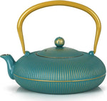 Load image into Gallery viewer, Green Cast Iron Teapot Large Capacity 40oz/1200ml with Infuser for Loose Leaf Stovetop Safe Vertical Stripe Flat Tea Kettle, Enameled Interior