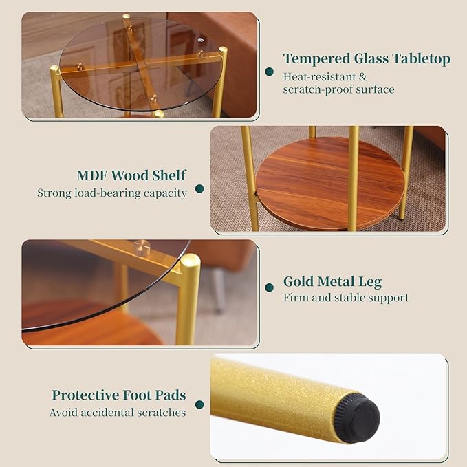 Small Round Coffee Tables for Living Room, Mid Century Side Table with Brown Glass Top, Solid Brown Storage Shelf and Sturable Gold Legs for Small Space, Office, Department