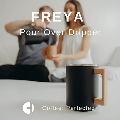 HASTINGS Pour Over Coffee Dripper - Stainless Steel Pour Over Coffee Filter, Metal Paperless Reusable Double Mesh Cone Filter with Wood Handle - Coffee Maker for Single Cup Brew up to 68 OZ (Black)