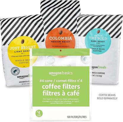 Amazon Basics Number 4 Cone Coffee Filters for 8-12 Cup Coffee Makers, White, 100 Count