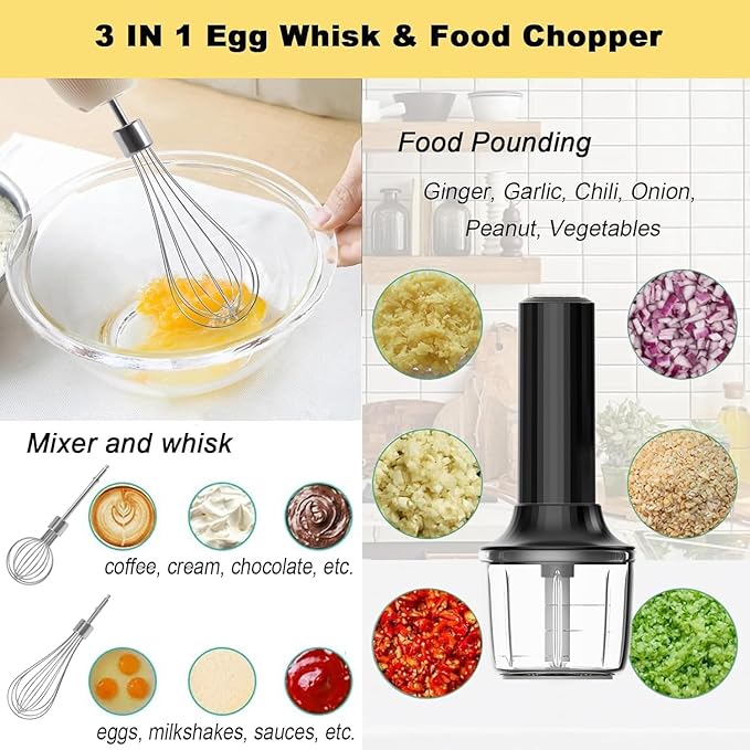 Electric Hand Mixer with Whisk, Handheld Electric Whisk, Hand Blender Set for Mini Food Processor, Rechargeable Cordless Handheld Mixer, Small Food Chopper for Dicing, Mincing, and Puree, 4-Speed,10Oz