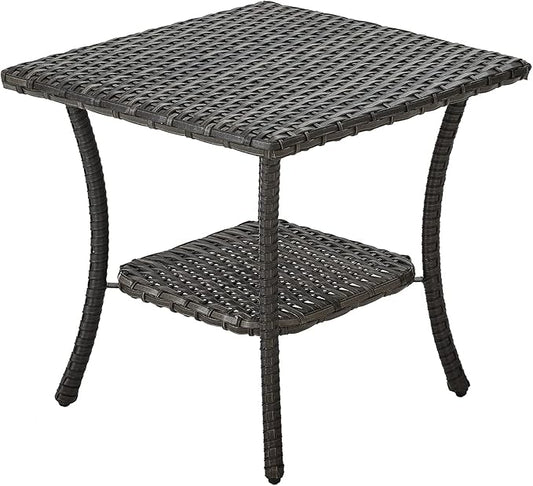 HUMMUH Outdoor End Table,Patio Wicker Small Side Table, PE Rattan Coffee Table with 2-Tier Storage Shelf for Bistro Set Conversation Sets Grey