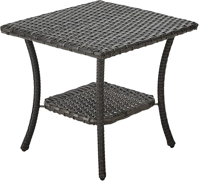 HUMMUH Outdoor End Table,Patio Wicker Small Side Table, PE Rattan Coffee Table with 2-Tier Storage Shelf for Bistro Set Conversation Sets Grey