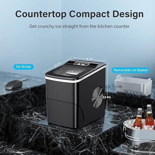 Counter top Ice Maker Machine, 26Lbs/24H Self-Cleaning Ice Makers Countertop, 9 Cubes Ready in 6mins Portable Ice Cube Maker with Ice Scoop Basket, Hook for Home Camping Party (Black)