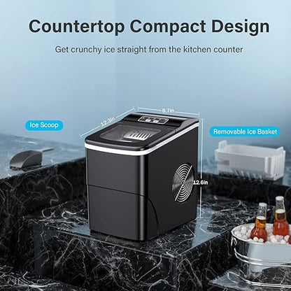 Counter top Ice Maker Machine, 26Lbs/24H Self-Cleaning Ice Makers Countertop, 9 Cubes Ready in 6mins Portable Ice Cube Maker with Ice Scoop Basket, Hook for Home Camping Party (Black)