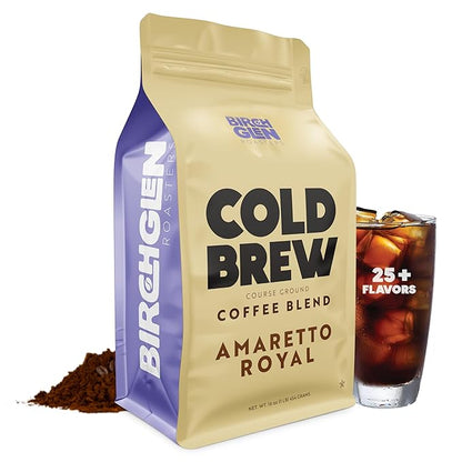 Birch Glen Roasters Cold Brew Coffee | Flavored Coarse Ground Coffee | Medium Roast | Artisanal Roasting | 100% Arabica |1 LB Bag | Amaretto Royale