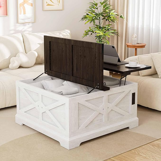 LAUSAINT HOME Farmhouse Lift-Top Coffee Table with Large Hidden Storage Compartment, Wood Square Center Table with Lifting Top for Living Room, Home Office, White