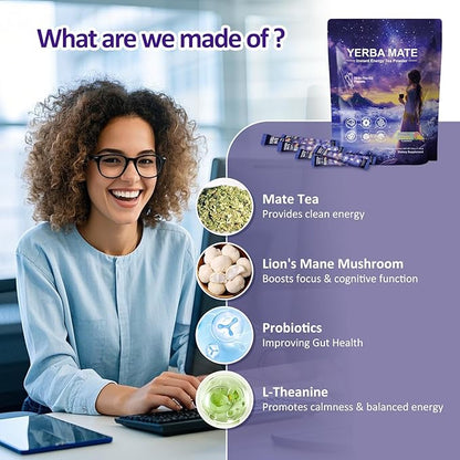 Mosslly Yerba Mate Instant Tea Powder, Concentration, Gut Health, Metabolism, Loaded with Prebiotics & Probiotics, Natural Caffeine, No Sugar Peach Mango Flavor, 30 Servings