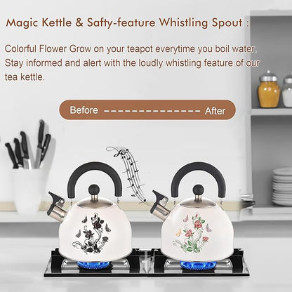 ARC Stainless Steel Whistling Tea Kettle, Magic Color Changing Design 2-Quart Stovetop Kettle Whistle White Teapot with Folding Cup & Trivet Mat