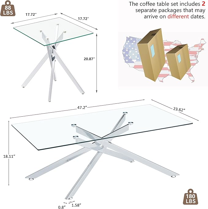Silver Glass Coffee Table Set of 3 Modern End Table Living Room Side Table, Geometric Metal Legs 47.2 Inch Clear Rectangle Center Cocktail Tables, Chrome Silver
