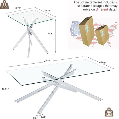 Silver Glass Coffee Table Set of 3 Modern End Table Living Room Side Table, Geometric Metal Legs 47.2 Inch Clear Rectangle Center Cocktail Tables, Chrome Silver