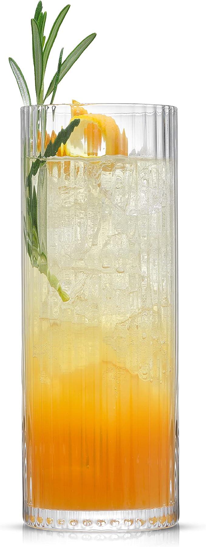 JoyJolt Elle 16oz Fluted Highball Glasses Set of 2, Ribbed Tall Cocktail Tumblers for Gin Juice Water, Vintage Style Drinking Glasses