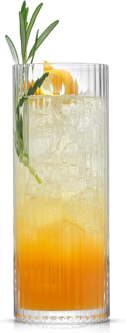 JoyJolt Elle 16oz Fluted Highball Glasses Set of 2, Ribbed Tall Cocktail Tumblers for Gin Juice Water, Vintage Style Drinking Glasses