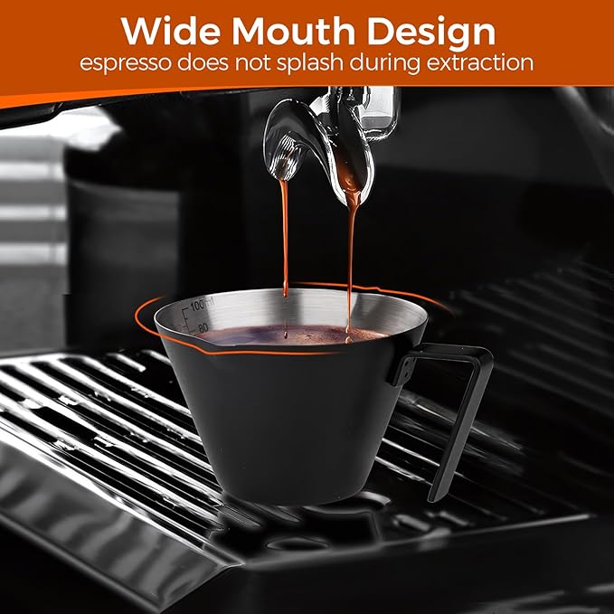 YARRAMATE Stainless Steel Espresso Shot Cup, Double Spout Metal Espresso Measuring Cup with V-Shaped Mouth, Espresso Accessories, 3.4OZ/100ML (Black)