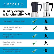 GROSCHE Milano Steel | 10 Espresso Cup | Stovetop Espresso Maker: Stainless Steel Moka Pot for Greca, Induction, Electric & Gas Stoves | Dishwasher Safe Stovetop Espresso Maker Moka Pot