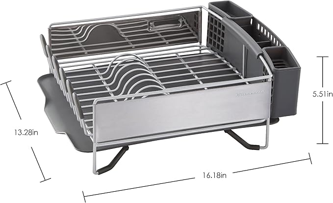 KitchenAid Compact Space Saving, Dish Rack with Removable Flatware Caddy and Angled Self Draining Drainboard, Satin Gray, 15-Inch-by-13.25-Inch