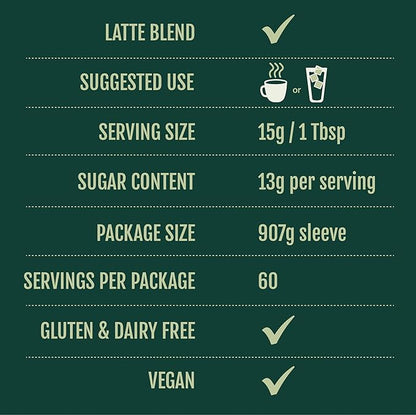 Two Leaves and a Bud Barista Matcha Sweetened Latte Blend (60 Servings), Japanese Matcha Latte Powder, Matcha Green Tea Powder, 1 Resealable Bag, 2 lbs (907g)