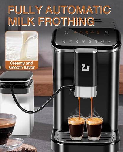 IDEALHOUSE Fully Automatic Espresso Machine with Built-In Grinder and Milk Frother, Touchscreen Control, 20 Bar Pressure, 1.5L Detachable Water Tank, One-Touch Latte & Cappuccino Maker, Black