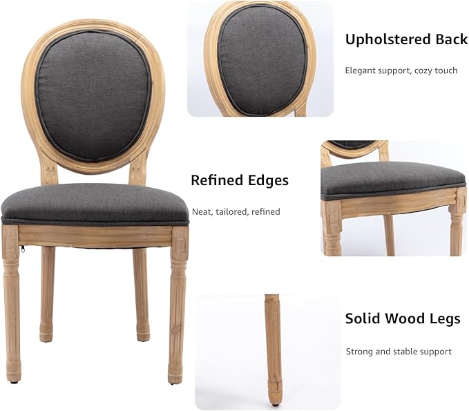 French Country Dining Chairs Set of 6, Grey Round Back Dining Chairs with Linen Upholstered Seat, Solid Wood Legs, Farmhouse Kitchen & Dining Room Chairs, Sillas De Comedor (Gray, 6Pcs)