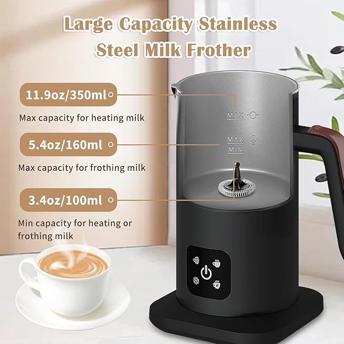 Electric Milk Frother, 4 in 1 Milk Steamer, 11.8oz/350ml Automatic Hot and Cold Foam Maker for Coffee, Latte, Cappuccino, Macchiato, Hot Chocolate, Stainless Steel Body, Matte Black