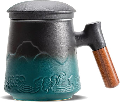 ZENS Tea Cup With Infuser and Lid for Loose Leaf Steeper, 15.2 oz Embossed Ceramic Mug With Fine Strainers, Wood Handle Large Diffusers, Accessories for Tea Lovers Gifts