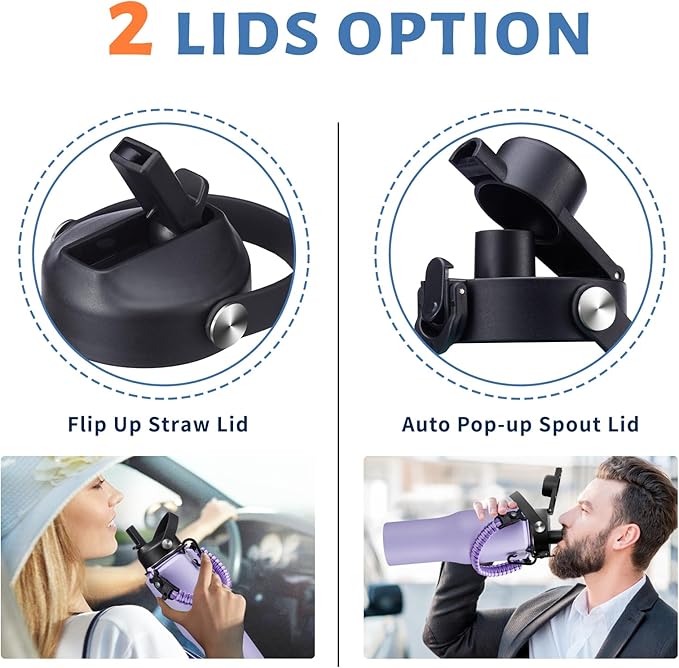 40 oz Water Bottle with Straw - Stainless Steel Insulated Water Bottle w/Survival Paracord Handle & Carrier Bag, Keep Cold-48H & Hot-24H, Thermo Coffee Cups Fits in Car Cup Holder