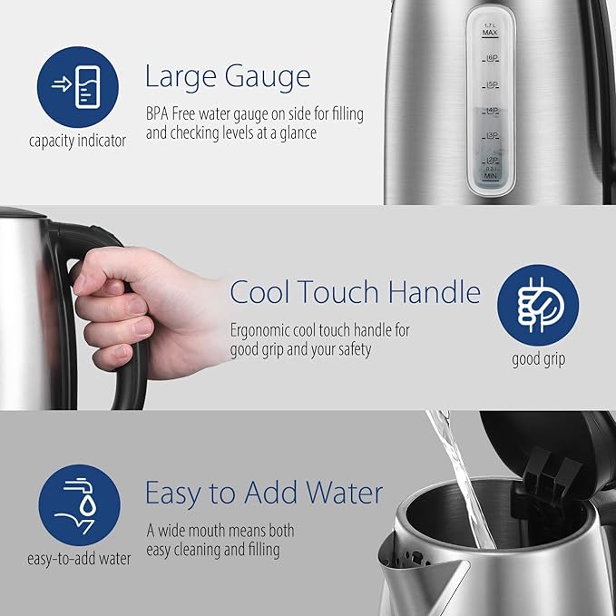 COMFEE' Stainless Steel Electric Kettle, 1.7 Liter Tea Kettle Electric & Hot Water Kettle, 1500W Fast Boil with LED Light, Auto Shut-Off and Boil-Dry Protection