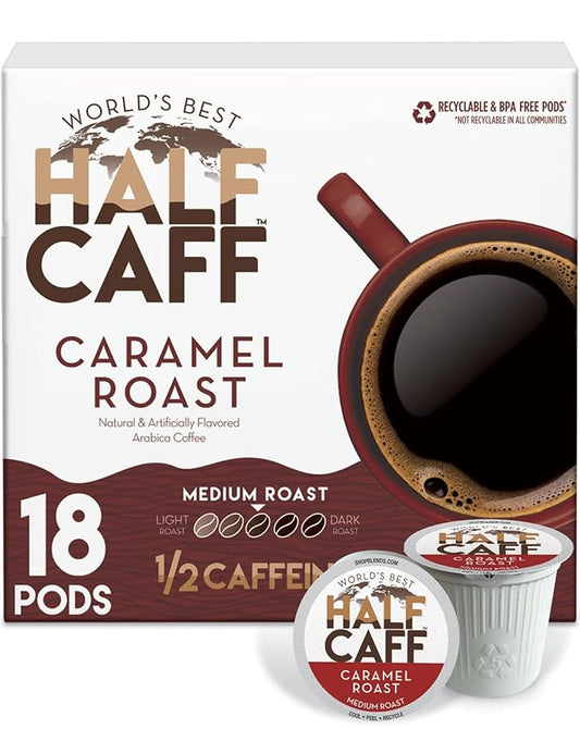 World's Best Half Caff Caramel Coffee Pods, 18 ct, Medium Roast Flavored Coffee in Recyclable Single Serve Pods – 100% Arabica Beans, Compatible with Keurig K Cups Maker