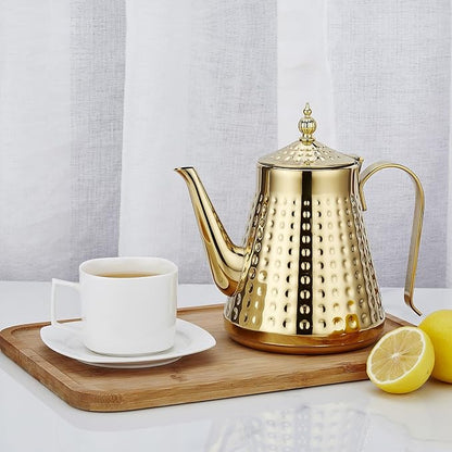 SANQIAHOME 1.6L(54oz) Stainless Steel Hammer Patterned Teapot With Removeable Infuser,Loose leaf cover,Gold