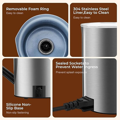 MAISON HUIS Milk Frother, 6-IN-1 Electric Milk Steamer, 20oz/591ml Hot & Cold Foam Maker for Latte & Cappuccino, 550W Fast Heating Stainless Steel Milk Steamer, Hot Chocolate Maker