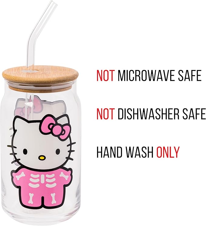 Silver Buffalo Sanrio Hello Kitty Halloween Spooky Skeleton Glass Jar Tumbler with Bamboo Lid and Glass Straw, 16 Ounces