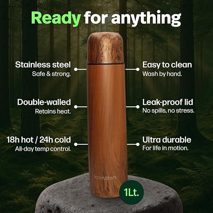 KALMATEH Modern & Elegant Double Walled Vacuum Insulated Stainless Steel Thermo Bottle 1000 ml, Precise Pouring & Heat Retention For Yerba Mate, Coffee, Tea, and Camping