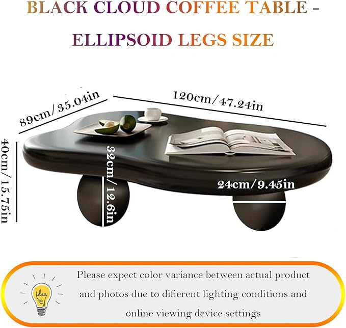 Asymmetric Black Coffee Table with 3 Stable Ellipsoid Leg, Modern Stylish Cloud Center Table - Cafe Books Laptop Snacks and Decor (D-47.24in)