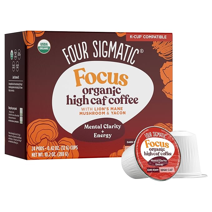 Four Sigmatic High Caffeine Mushroom Coffee K-Cups | Organic Dark Roast Coffee with Lion’s Mane & Chaga | Focus & Immune Support | Vegan & Keto | Sustainable Pods | 24 Count