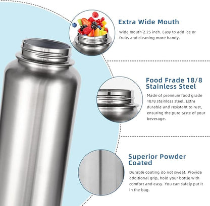 Volhoply 32 oz Water Bottles Bulk 2 Pack with Straw Lid & Spout Lid,Insulated Sports Water Bottle,Double Wall Vacuum Stainless Steel Cups,Leakproof Wide Mouth Metal Flask for Travel(Silver,2)