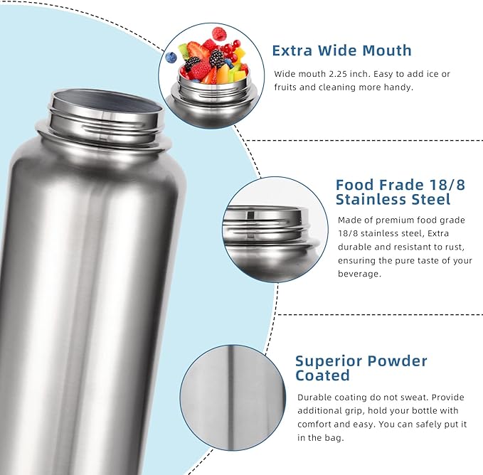 Volhoply 32 oz Water Bottles Bulk 2 Pack with Straw Lid & Spout Lid,Insulated Sports Water Bottle,Double Wall Vacuum Stainless Steel Cups,Leakproof Wide Mouth Metal Flask for Travel(Silver,2)