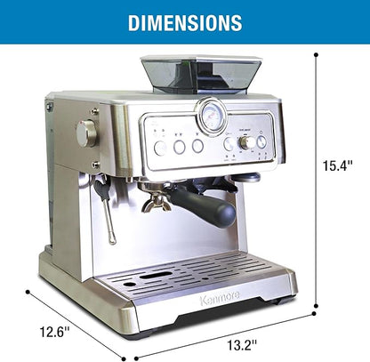 Kenmore Espresso Machine - Automatic Coffee Maker With Manual Tamper, Auto Cleaning, Milk Steamer & Frother, Bean Grinder, Make Professional Barista Style Cappuccino, Café Latte, Stainless Steel