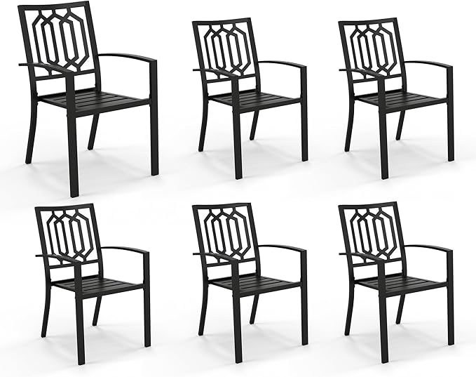 PHI VILLA Set of 6 Stackable Wrought Iron Patio Dining Chairs, Portable Black Outdoor Bistro Deck Metal Chairs, Support 300 lbs, Ideal for Garden, Backyard, Lawn