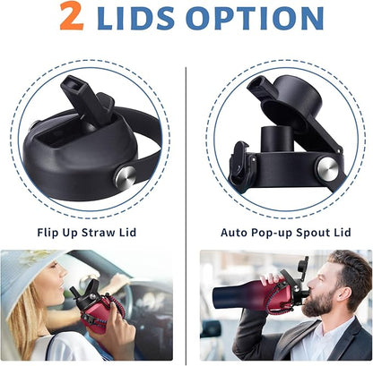 Insulated Water Bottle 40 oz - Fits in any Car Cup Holder, Keep Cold 48H Hot 24H, Stainless Steel Waterbottle Double Wall Flask with Straw, Pop-up Spout Lid, Paracord Handle, Carrier Bag