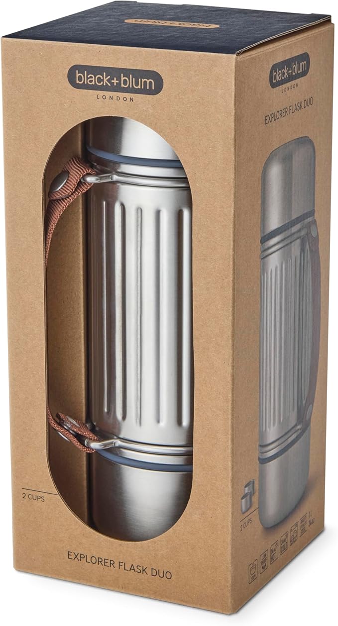 BLACK+BLUM - Insulated Explorer Flask Duo - Vacuum Insulated 304 Stainless Steel Flask with Leak Proof Lid, Nylon Carry Strap and two double-walled steel cups - Keeps Hot and Cold for 24 hours - 1L