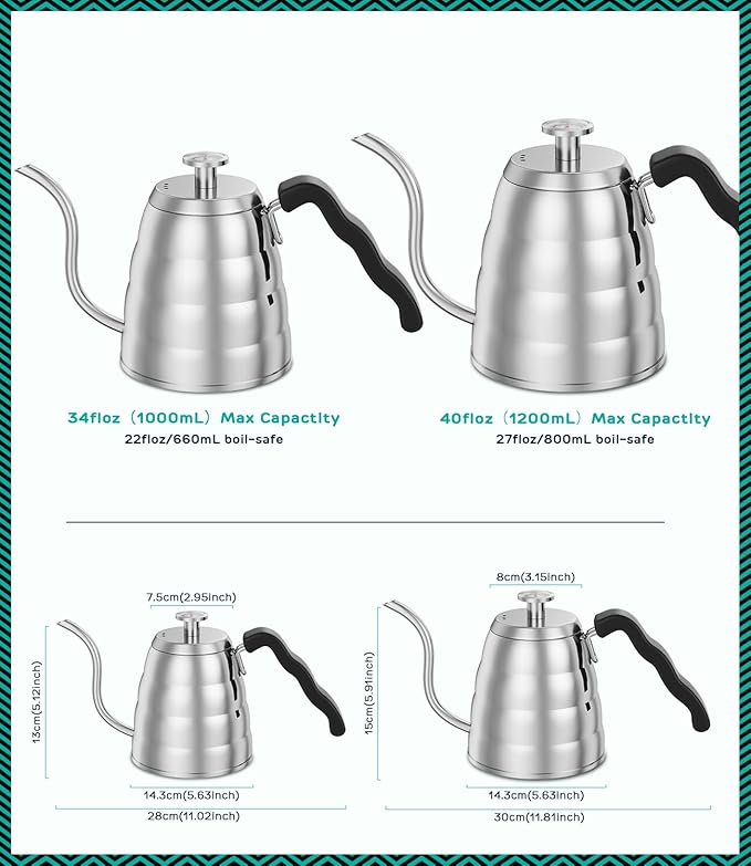 Coffee Gator Gooseneck Kettle with Thermometer - 40oz Premium Stainless Steel Pour Over Coffee Maker Kettles, Stove Top, w/Precision Drip Spout, for Drip Coffee, French Press, Tea Kettle, 5 Cup