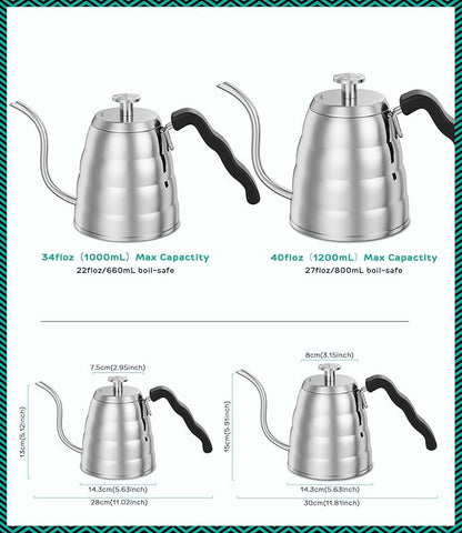 Coffee Gator Gooseneck Kettle with Thermometer - 40oz Premium Stainless Steel Pour Over Coffee Maker Kettles, Stove Top, w/Precision Drip Spout, for Drip Coffee, French Press, Tea Kettle, 5 Cup