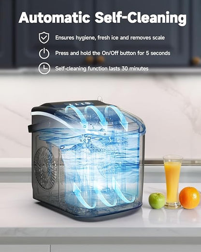 Countertop Ice Maker with Handle,26lbs/24H Bullet Ice Machine, 9 Ice Cubes Ready in 6 Mins,Self-Cleaning Sonic Ice Maker with Basket & Scoop,for Home/Office/Kitchen/RV/Party