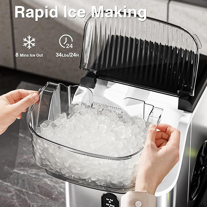 Antarctic Star Nugget Ice Makers Countertop, Pebble Ice Machine with Chewable Pellet Ice, 34Lbs/24H, Self-Cleaning, Sonic Ice, One-Click Operation, for Kitchen,Office Stainless Steel Silver