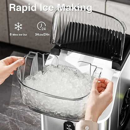Nugget Countertop Ice Maker with Soft Chewable Pellet Ice, Automatic Cleaning, 34Lbs/24H, Pebble Ice Machine with Ice Scoop, Sonice Ice, One Click Operation for Office/Home/Bar(Stainless Steel Silver)