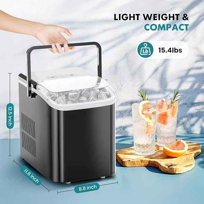 OLIXIS Ice Maker Machine with Handle,26lbs in 24Hrs,9 Ice Cubes in 6 Mins,Auto-Cleaning Portable Ice Maker with Basket and Scoop, Countertop Ice Maker for Home/Kitchen/Camping/RV, Bright Black