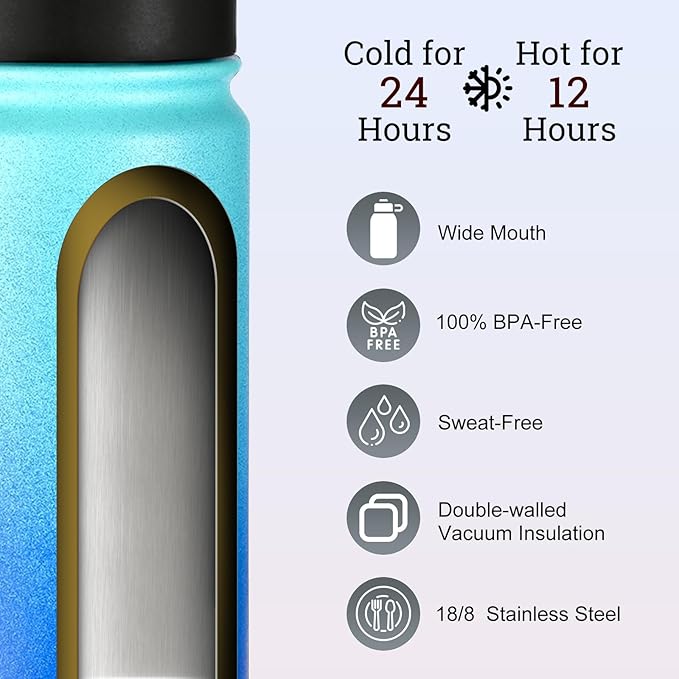 mininoo 24 oz Insulated Water Bottle with Straw Lid, Stainless Steel Double Wall Vacuum, Leak Proof, BPA Free, Keep Cold for 24H & Hot for 12H(Pacific Dream)