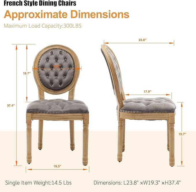 French Country Dining Chairs Set of 8, Vintage Wooden Dining Chairs with Fabric Upholstered Tufted Seat,Solid Wood Legs&Frame, Farmhouse Kitchen&Living Room Chairs(Gray,8 Pcs)