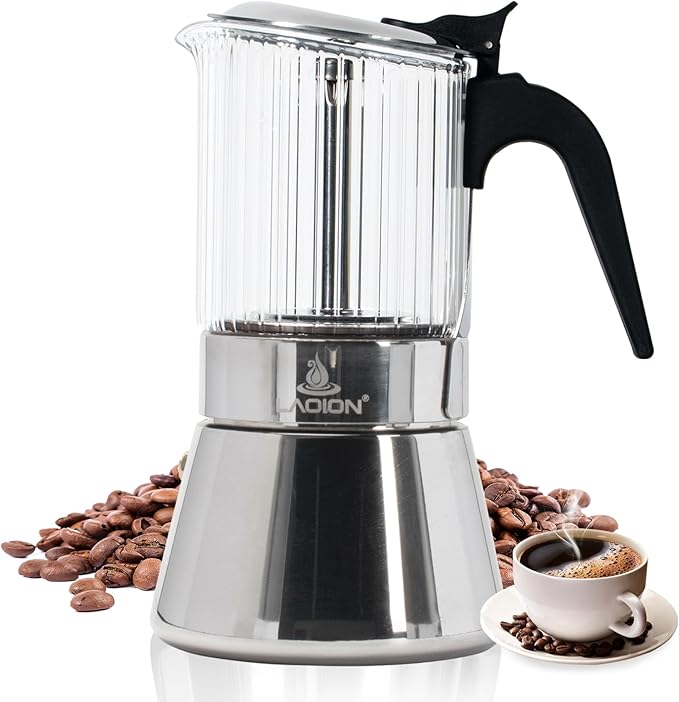Stovetop Espresso Maker, 6Cup 240ml Moka Pot, Crystal Glass-top & Stainless Steel Coffee Maker Mocha Pot, Greca De Cafe, Cuban and Italian Coffee Maker for Cafetera Cubana